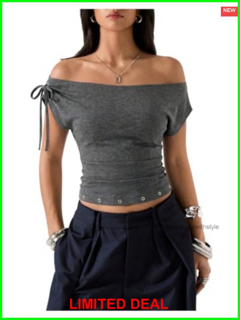 Off Shoulder Grommet Eyelet Ruched Short Sleeve Top